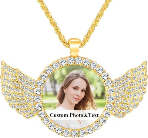 Valyria Picture Necklace Personalized Photo for Men Women Angel Wings Custom Necklace with Picture Inside Circle Chain with Wings Memory Chain Necklace Hip Hop Jewelry in Kuwait