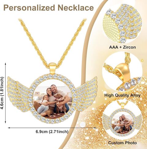 Valyria Picture Necklace Personalized Photo for Men Women Angel Wings Custom Necklace with Picture Inside Circle Chain with Wings Memory Chain Necklace Hip Hop Jewelry in Kuwait