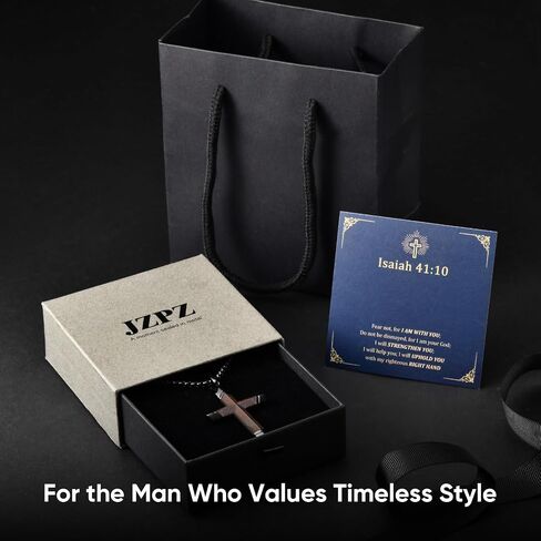 Wooden Cross Necklace for Men : Natural Ebony Wood Christian Cross Pendant 24" Box Chain,Silver/Black/Gold Plated Stainless Steel Religious Crucifix,Premium Gift for Him,Son,Husband,Boyfriend,Birthday in Saudi Arabia
