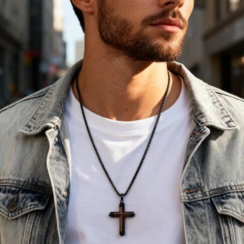 Wooden Cross Necklace for Men : Natural Ebony Wood Christian Cross Pendant 24" Box Chain,Silver/Black/Gold Plated Stainless Steel Religious Crucifix,Premium Gift for Him,Son,Husband,Boyfriend,Birthday in Saudi Arabia