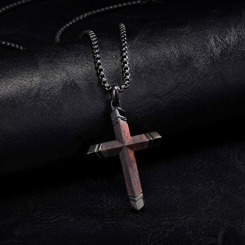 Wooden Cross Necklace for Men : Natural Ebony Wood Christian Cross Pendant 24" Box Chain,Silver/Black/Gold Plated Stainless Steel Religious Crucifix,Premium Gift for Him,Son,Husband,Boyfriend,Birthday in Saudi Arabia