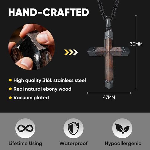 Wooden Cross Necklace for Men : Natural Ebony Wood Christian Cross Pendant 24" Box Chain,Silver/Black/Gold Plated Stainless Steel Religious Crucifix,Premium Gift for Him,Son,Husband,Boyfriend,Birthday in Saudi Arabia