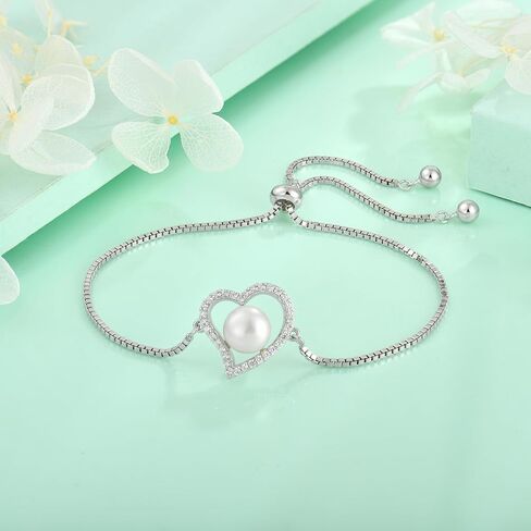 STARCHENIE 925 Sterling Silver Freshwater Cultured Pearl Bracelet Heart Birthstone Bracelets for Women - Elegant Jewelry Gift with Adjustable Chain in Saudi Arabia