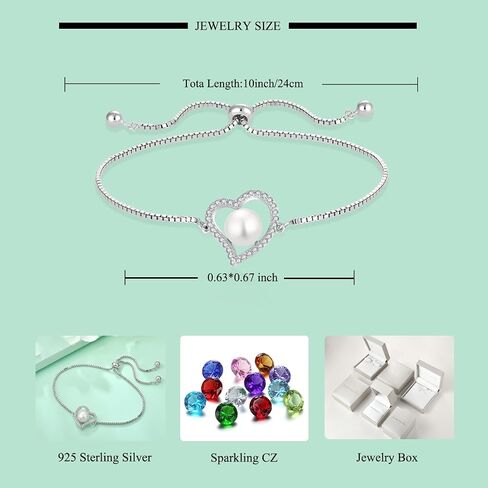 STARCHENIE 925 Sterling Silver Freshwater Cultured Pearl Bracelet Heart Birthstone Bracelets for Women - Elegant Jewelry Gift with Adjustable Chain in Saudi Arabia