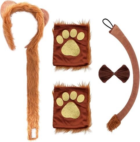 6Pcs Lion Costume Lion Ears Headband and Tail Set Nose Bowtie Gloves Halloween Cosplay Accessories Party Supplies for Kids Adults Brown in Saudi Arabia
