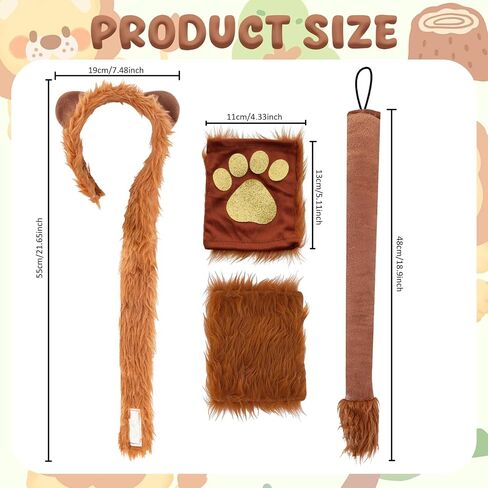 6Pcs Lion Costume Lion Ears Headband and Tail Set Nose Bowtie Gloves Halloween Cosplay Accessories Party Supplies for Kids Adults Brown in Saudi Arabia