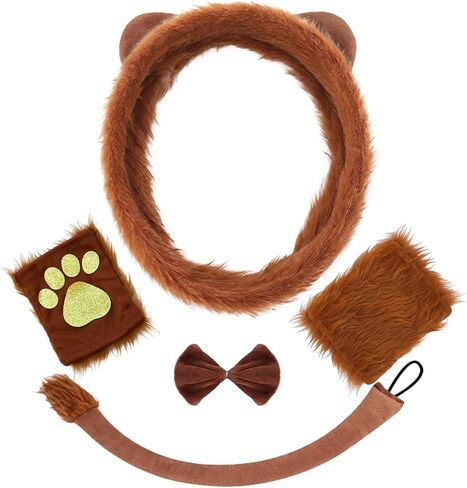 6Pcs Lion Costume Lion Ears Headband and Tail Set Nose Bowtie Gloves Halloween Cosplay Accessories Party Supplies for Kids Adults Brown in Saudi Arabia