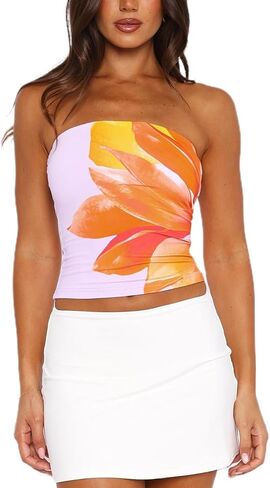 Boho Floral Tube Top Women Sexy Strapless Crop Bandeau Tops Backless Aesthetic Graphic Y2k Fairy Going Out Cami Shirt in Saudi Arabia