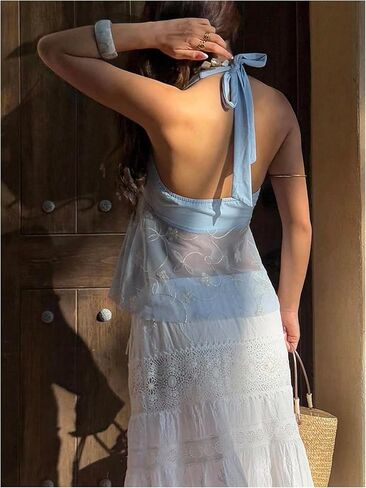 Verdusa Women's Boho Lace Sheer Sexy Y2K Tie Back Halter Tops Rave Club Slit Going Out Tops in Saudi Arabia