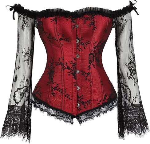 OMZIN Women's Gothic Tapestry Lace Up Boned Corset Overbust Bustier with Lace Sleeves in Saudi Arabia
