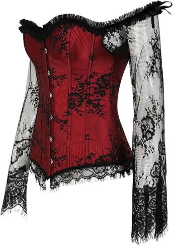OMZIN Women's Gothic Tapestry Lace Up Boned Corset Overbust Bustier with Lace Sleeves in Saudi Arabia