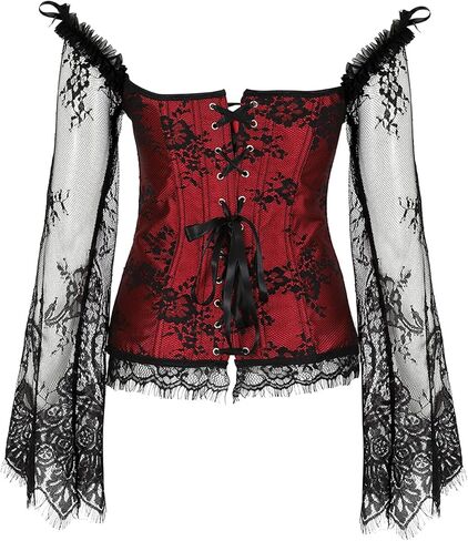 OMZIN Women's Gothic Tapestry Lace Up Boned Corset Overbust Bustier with Lace Sleeves in Saudi Arabia