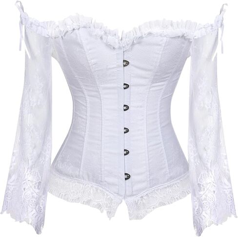 OMZIN Women's Gothic Tapestry Lace Up Boned Corset Overbust Bustier with Lace Sleeves in Saudi Arabia
