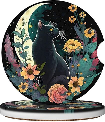 ABLESKY Car Coasters for Cup Holders, 2 Pack Absorbent Anti Slip Car Cup Holder Coasters, 2.56 Inch Ceramic Universal Size Auto Interior Accessories Women Men-Dark Night Moon Flower Cat in Saudi Arabia