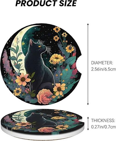 ABLESKY Car Coasters for Cup Holders, 2 Pack Absorbent Anti Slip Car Cup Holder Coasters, 2.56 Inch Ceramic Universal Size Auto Interior Accessories Women Men-Dark Night Moon Flower Cat in Saudi Arabia