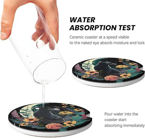 ABLESKY Car Coasters for Cup Holders, 2 Pack Absorbent Anti Slip Car Cup Holder Coasters, 2.56 Inch Ceramic Universal Size Auto Interior Accessories Women Men-Dark Night Moon Flower Cat in Saudi Arabia