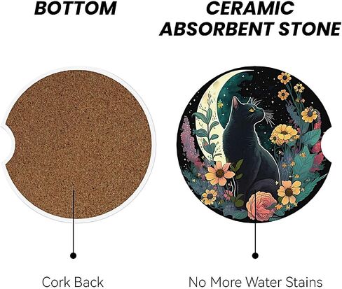 ABLESKY Car Coasters for Cup Holders, 2 Pack Absorbent Anti Slip Car Cup Holder Coasters, 2.56 Inch Ceramic Universal Size Auto Interior Accessories Women Men-Dark Night Moon Flower Cat in Saudi Arabia