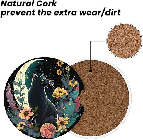 ABLESKY Car Coasters for Cup Holders, 2 Pack Absorbent Anti Slip Car Cup Holder Coasters, 2.56 Inch Ceramic Universal Size Auto Interior Accessories Women Men-Dark Night Moon Flower Cat in Saudi Arabia