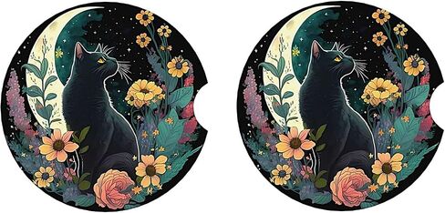 ABLESKY Car Coasters for Cup Holders, 2 Pack Absorbent Anti Slip Car Cup Holder Coasters, 2.56 Inch Ceramic Universal Size Auto Interior Accessories Women Men-Dark Night Moon Flower Cat in Saudi Arabia