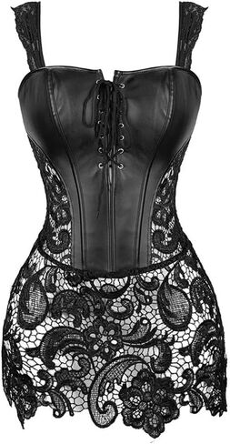 Niiyyjj Womens Steampunk Gothic Overbust Corset Dress Lace Up Zipper Back Faux Leather Bustier Lingerie in Kuwait