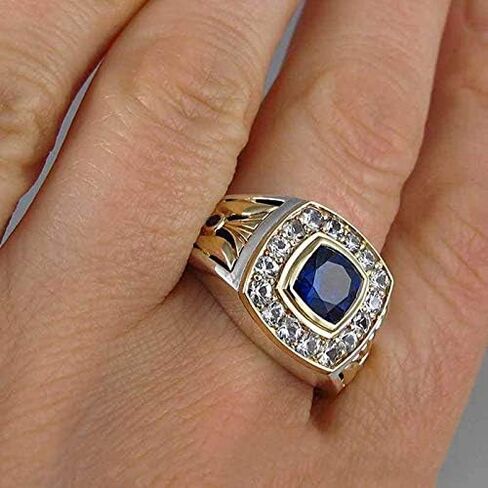 Mnyixsi 18K Gold Plated Retro with Sapphire Diamond Mens Ring CZ Vintage Ring Square Gemstone Stering Silver Ring 2 Tone Intertwined Cocktail Ring Preserving Luxury Diamond Ring Gentleman Size 9 in Saudi Arabia