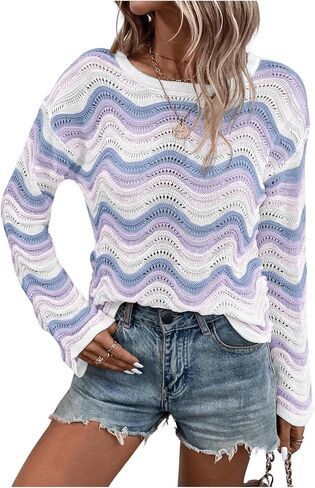 Women's Hollow Out Crochet Knit Striped Sweaters Long Sleeve Drop Shoulder Casual Knit Tops in Saudi Arabia