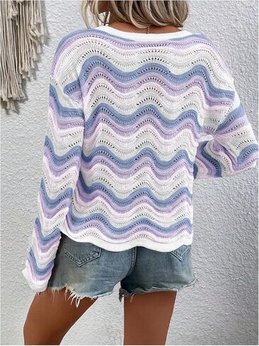 Women's Hollow Out Crochet Knit Striped Sweaters Long Sleeve Drop Shoulder Casual Knit Tops in Saudi Arabia