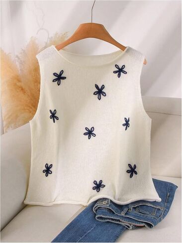 MakeMeChic Women's Plus Size Floral Sweater Vest Crew Neck Sleeveless Knitted Pullover Tops in Saudi Arabia