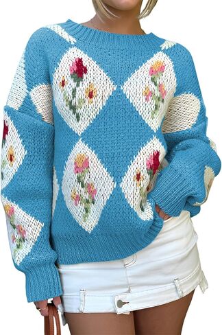 ZAFUL Floral Sweaters for Women Trendy Crew Neck Long Sleeves Knitted Pullover Boho Sweater Chunky Knit Tops in Saudi Arabia