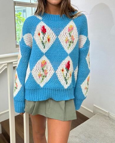 ZAFUL Floral Sweaters for Women Trendy Crew Neck Long Sleeves Knitted Pullover Boho Sweater Chunky Knit Tops in Saudi Arabia