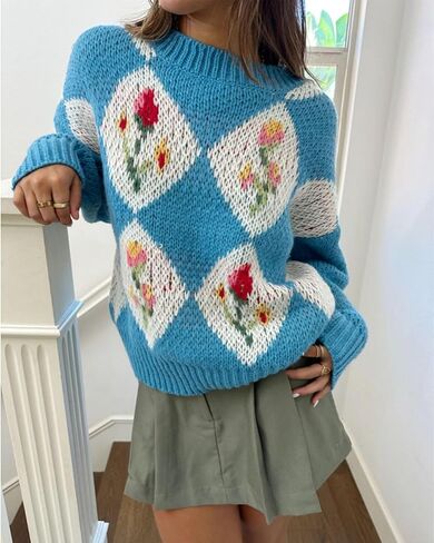 ZAFUL Floral Sweaters for Women Trendy Crew Neck Long Sleeves Knitted Pullover Boho Sweater Chunky Knit Tops in Saudi Arabia
