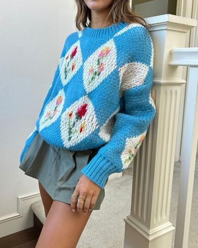 ZAFUL Floral Sweaters for Women Trendy Crew Neck Long Sleeves Knitted Pullover Boho Sweater Chunky Knit Tops in Saudi Arabia