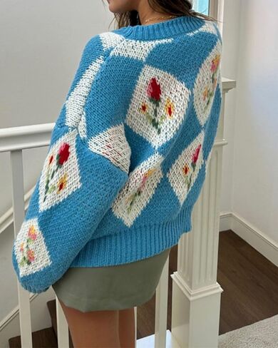 ZAFUL Floral Sweaters for Women Trendy Crew Neck Long Sleeves Knitted Pullover Boho Sweater Chunky Knit Tops in Saudi Arabia