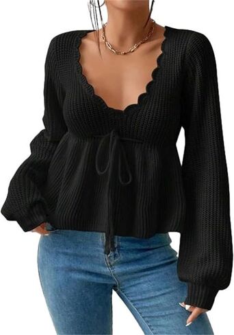 سترة SKAYS Peplum للنساء، سترات عميقة على شكل حرف V للنساء، سترة محبوكة بحاشية مكشكشة برباط in Saudi Arabia