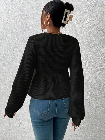 سترة SKAYS Peplum للنساء، سترات عميقة على شكل حرف V للنساء، سترة محبوكة بحاشية مكشكشة برباط in Saudi Arabia