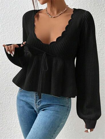 سترة SKAYS Peplum للنساء، سترات عميقة على شكل حرف V للنساء، سترة محبوكة بحاشية مكشكشة برباط in Saudi Arabia