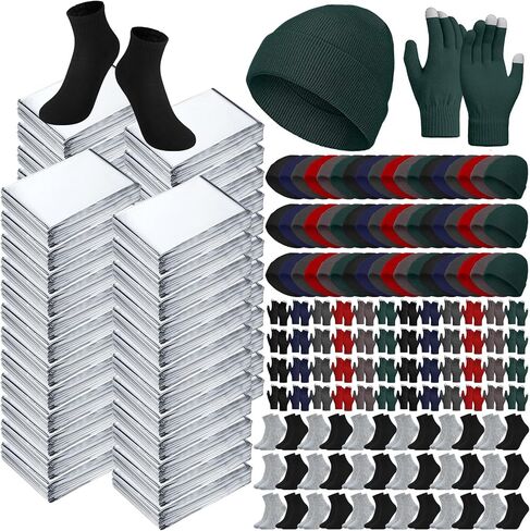 200 Pcs Thermal Blankets Winter Warmth Set Bulk, 50 Warm Socks 50 Winter Touchscreen Gloves 50 Beanie Hats 50 Emergency Foil Blankets for Cold Outdoor Camping Hiking Warm Gift for Men Women in Kuwait