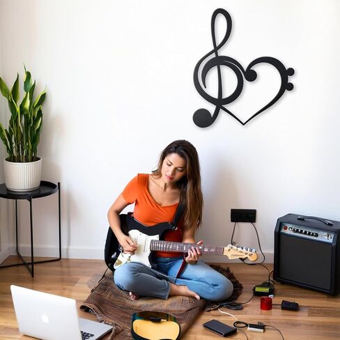 KOYILTD Heart Music Room Decor Black Metal Wall Art Music Note Decoration Heart Wall Decor Living Room Wall Art Vintage Hanging Sign for Bedroom Living Room (Contracted) in Saudi Arabia