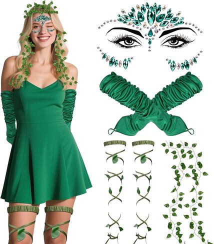زي الجنية الخضراء للهالوين للنساء مع جوارب على شكل أوراق الشجر، ملصق وجه ماسي أخضر، قفافيز أوراق الكرمة من أجل مستلزمات حفلات الهالوين التنكرية in Kuwait