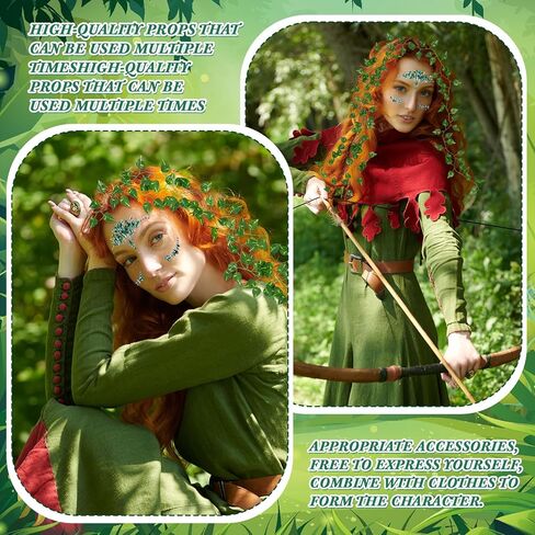 زي الجنية الخضراء للهالوين للنساء مع جوارب على شكل أوراق الشجر، ملصق وجه ماسي أخضر، قفافيز أوراق الكرمة من أجل مستلزمات حفلات الهالوين التنكرية in Kuwait