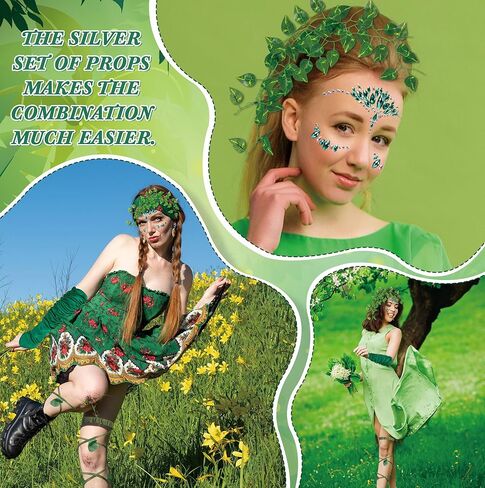 زي الجنية الخضراء للهالوين للنساء مع جوارب على شكل أوراق الشجر، ملصق وجه ماسي أخضر، قفافيز أوراق الكرمة من أجل مستلزمات حفلات الهالوين التنكرية in Kuwait