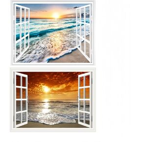 قطعتان من ملصقات الحائط للنافذة المزيفة ذاتية اللصق ثلاثية الأبعاد على شكل جزيرة استوائية مع أشجار النخيل، لوحة جدارية لتزيين المنزل (شروق الشمس وغروبها، 17.3 بوصة × 27.6 بوصة) in Kuwait