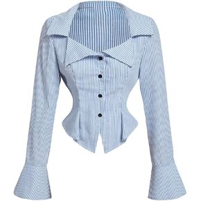 SweatyRocks Women's Striped Ruffle Shirts Crop Button Down Long Sleeve Slim Fit Blouse Business Work Shirt in Kuwait