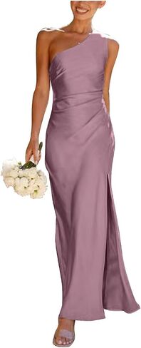 One Shoulder Bridesmaid Dresses with Slit Satin Mermaid Pleated Prom Gowns Beach Forman Dress B1020 in Saudi Arabia