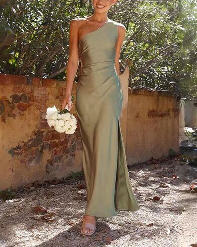 One Shoulder Bridesmaid Dresses with Slit Satin Mermaid Pleated Prom Gowns Beach Forman Dress B1020 in Saudi Arabia