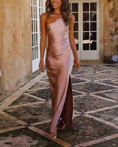 One Shoulder Bridesmaid Dresses with Slit Satin Mermaid Pleated Prom Gowns Beach Forman Dress B1020 in Saudi Arabia