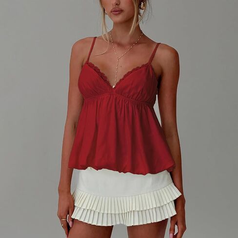 Women Y2K Camisole Sleeveless Spaghetti Straps V Neck Summer Sweet Babydoll Tank Tops Streetwear Cami Tops in Saudi Arabia