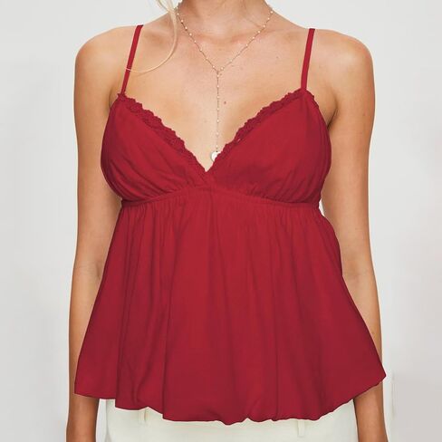 Women Y2K Camisole Sleeveless Spaghetti Straps V Neck Summer Sweet Babydoll Tank Tops Streetwear Cami Tops in Saudi Arabia