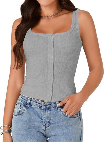 LYANER Women's Summer Cute Tops Square Neck Sleeveless Eyelet Button Down Tank Top Blouses in Saudi Arabia