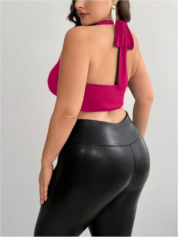 OYOANGLE Women's Plus Size Metal Ring Linked Plunge Neck Halter Crop Top Open Back Ruched Party Tops in Saudi Arabia